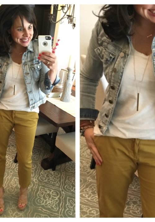 colored pants with white tee and denim jacket