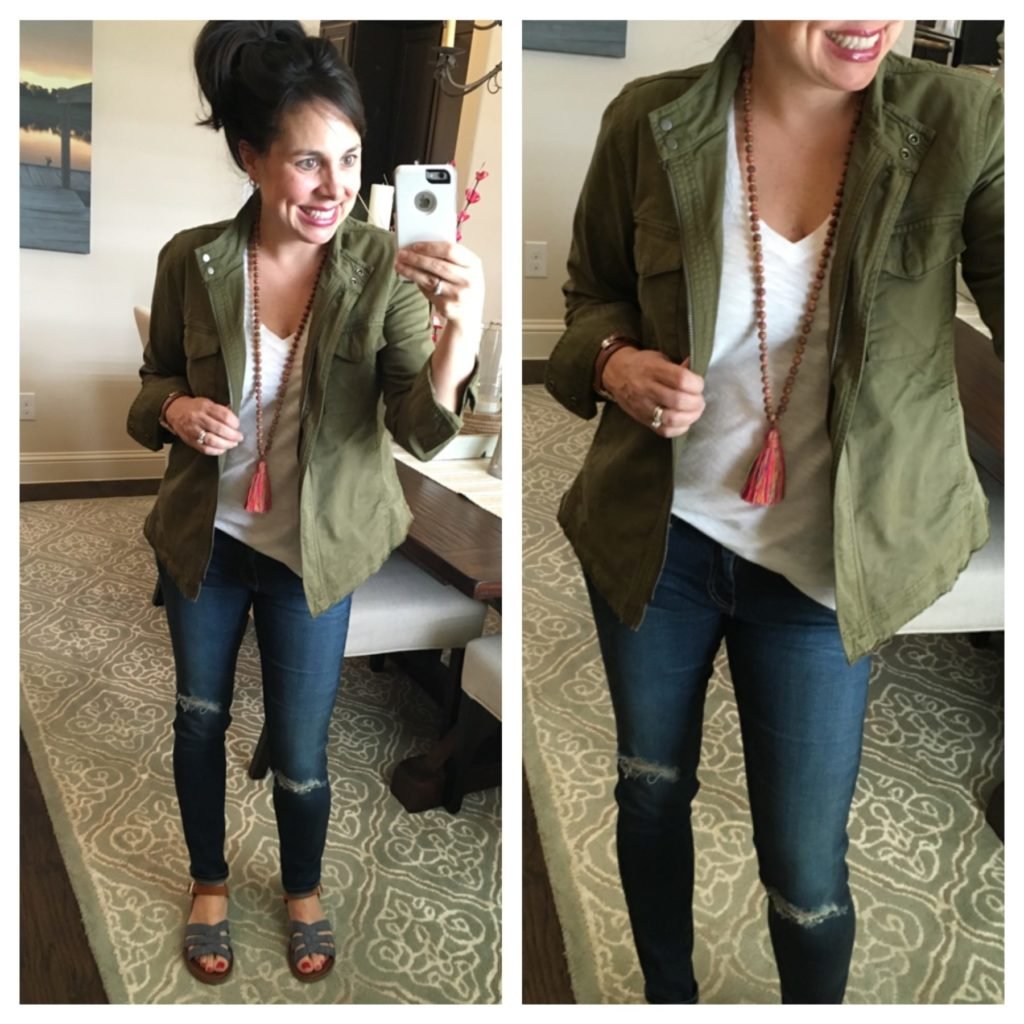 military jacket, white tee, tassel necklace, chambray sandals
