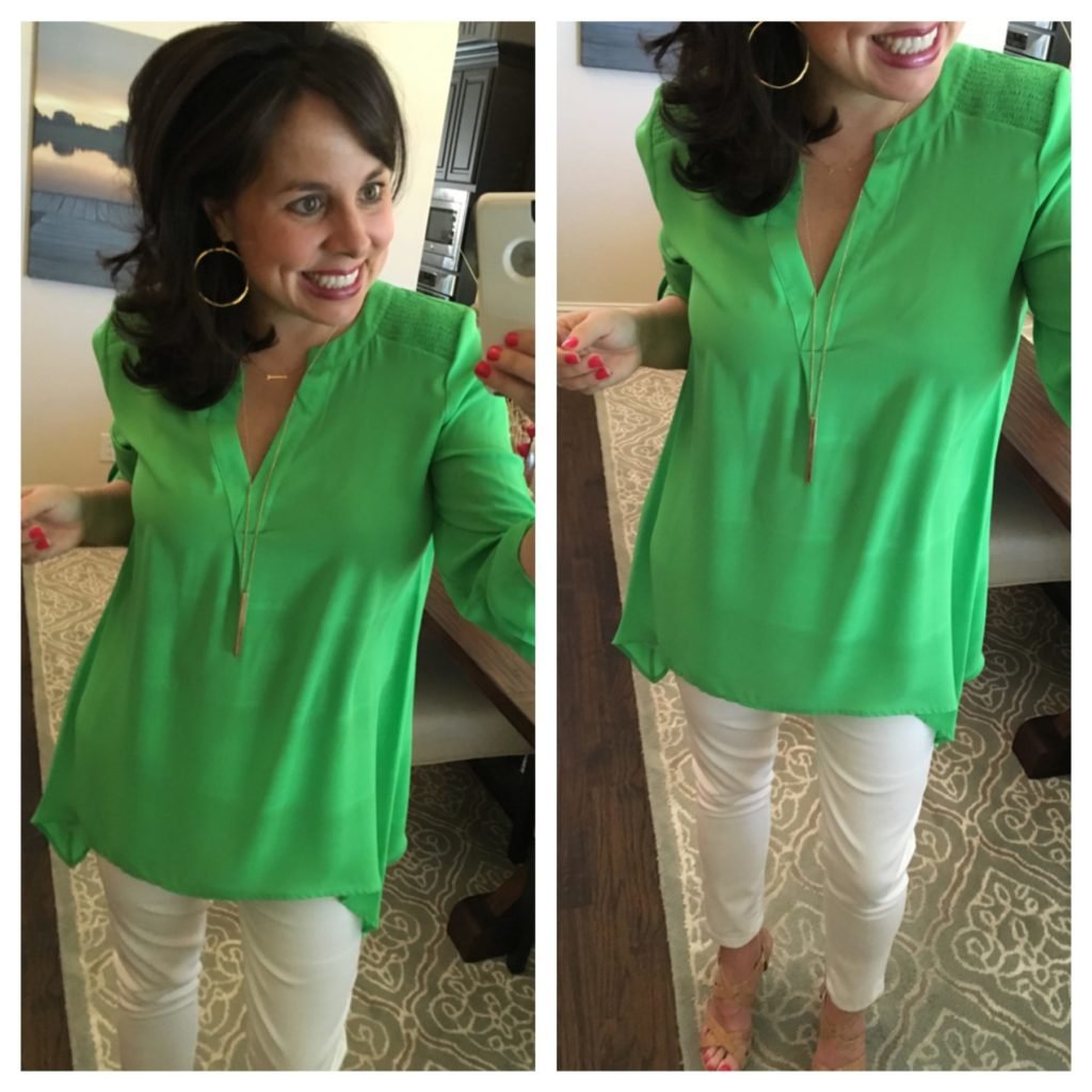 best white jeans and green blouse