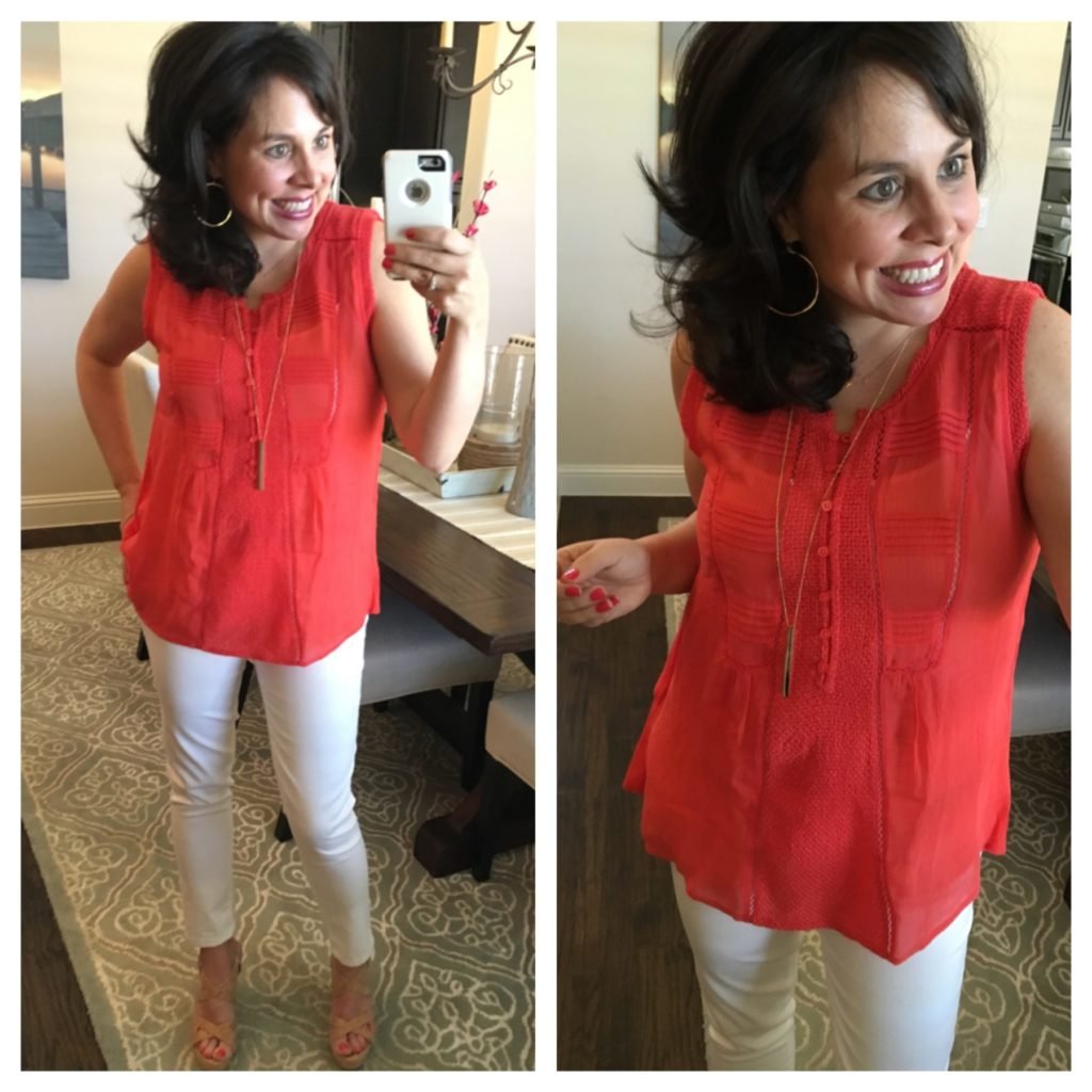 best white jeans and coral top