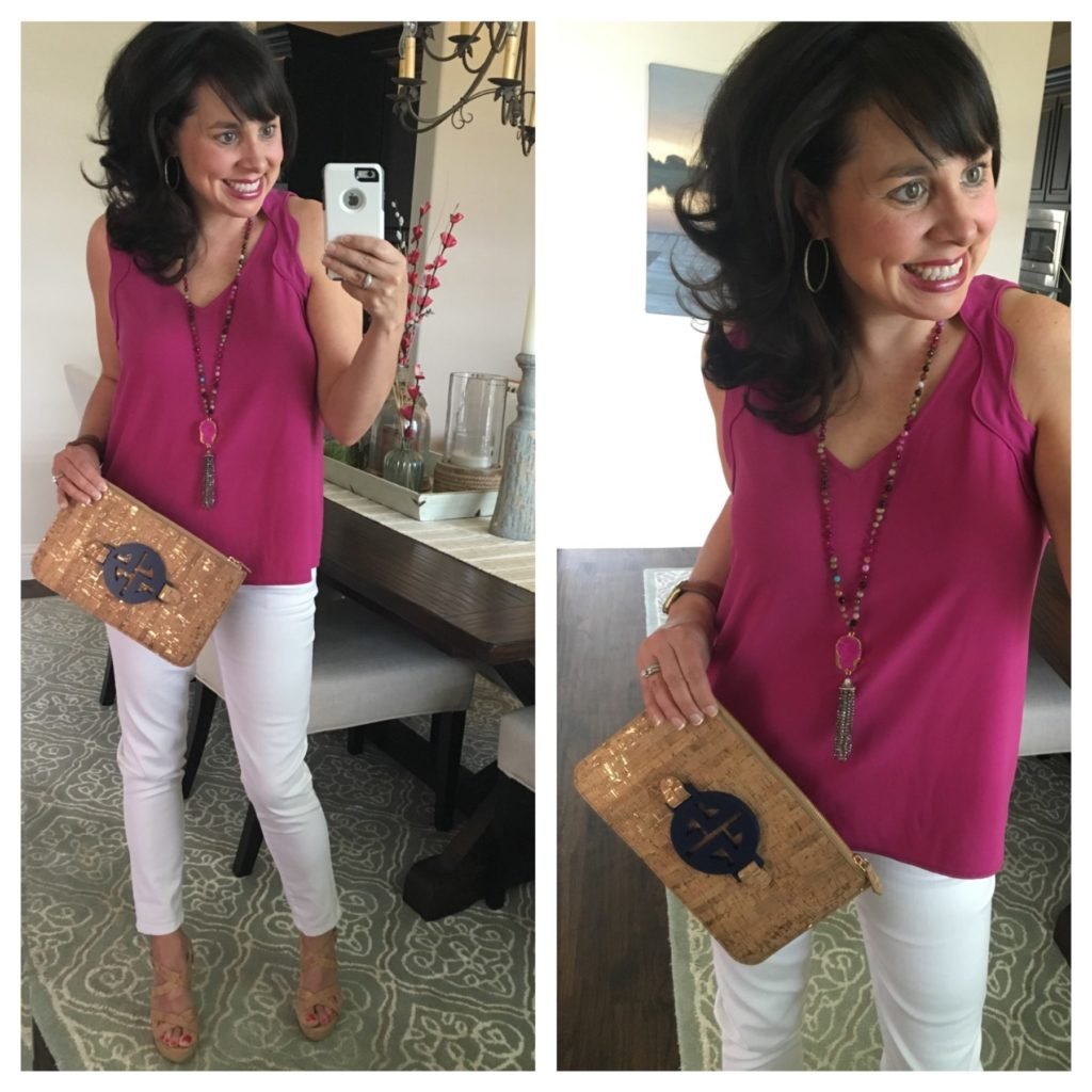 scalloped shirt, white jeans, and cork clutch