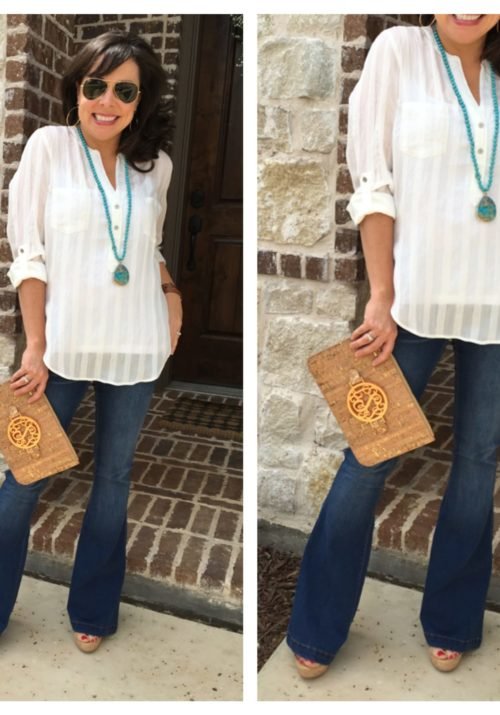 flare jeans and cork clutch