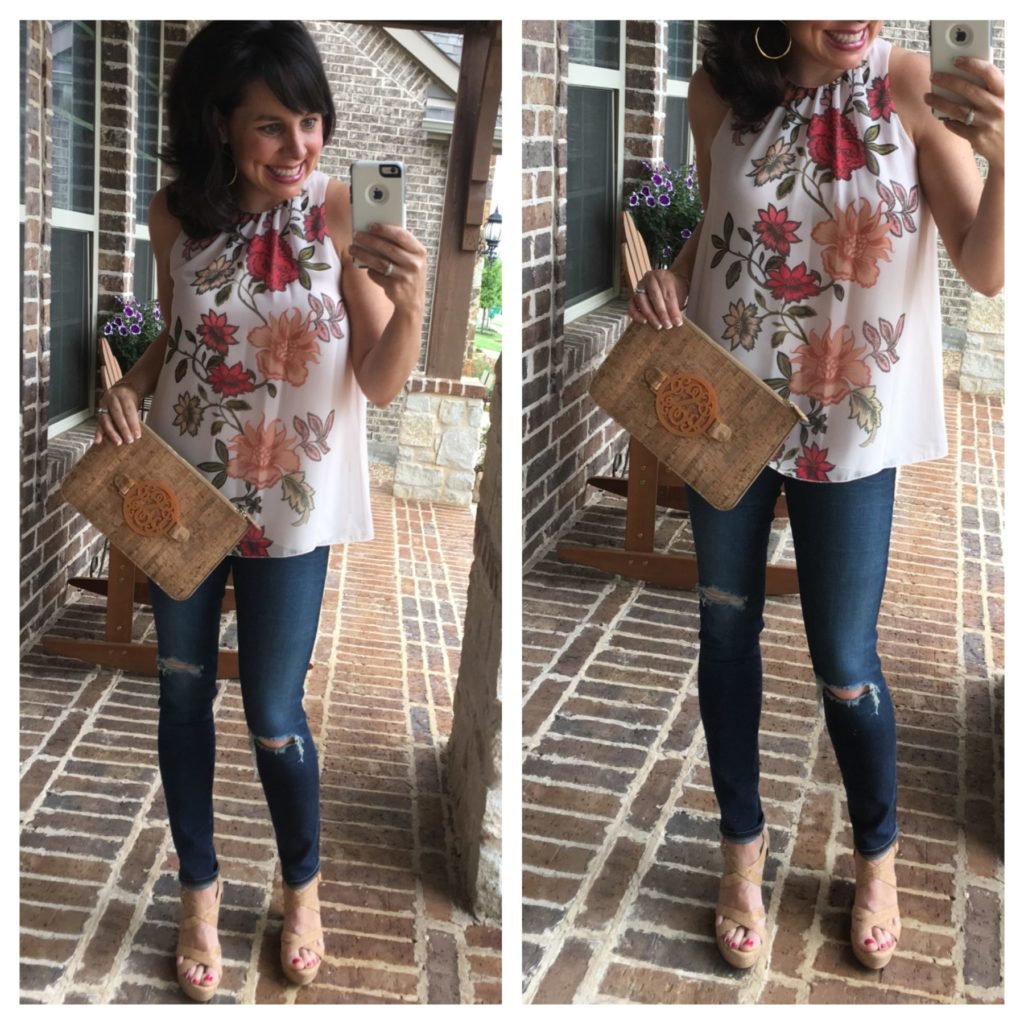 floral top and denim with cork clutch