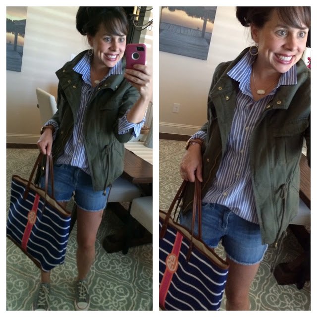 military jacket and denim cut offs