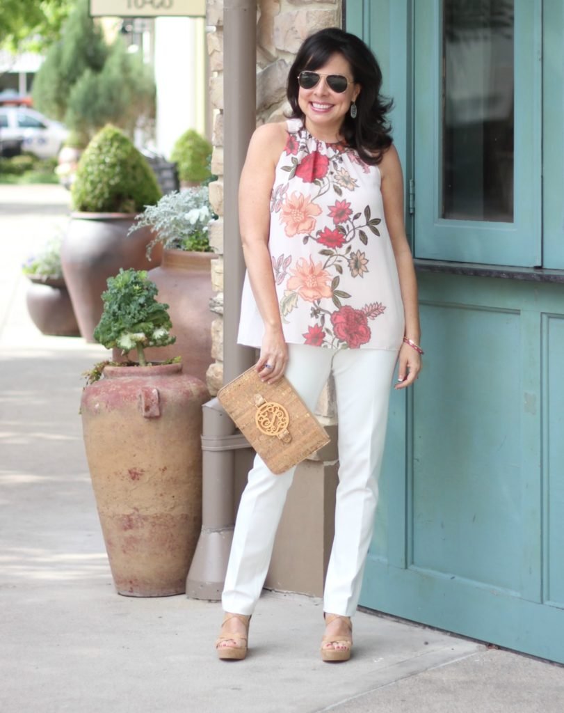 floral top and white pants