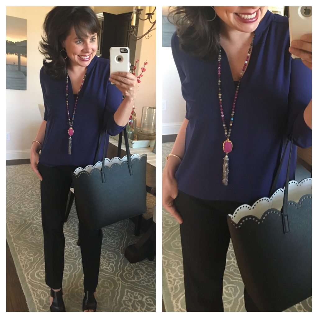 must have shirt, black pants, and agate necklace