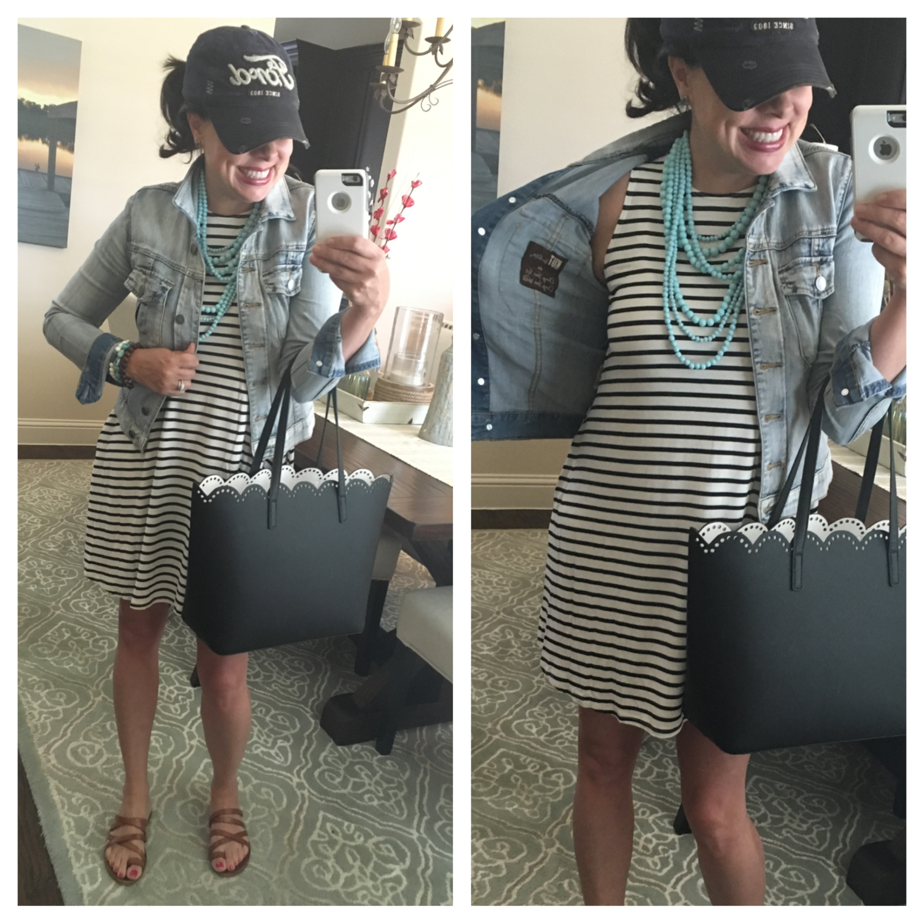 striped dress and turquoise necklace