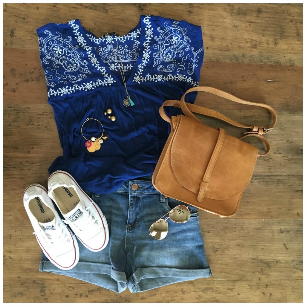 embroidered top, jeans shorts, and converse