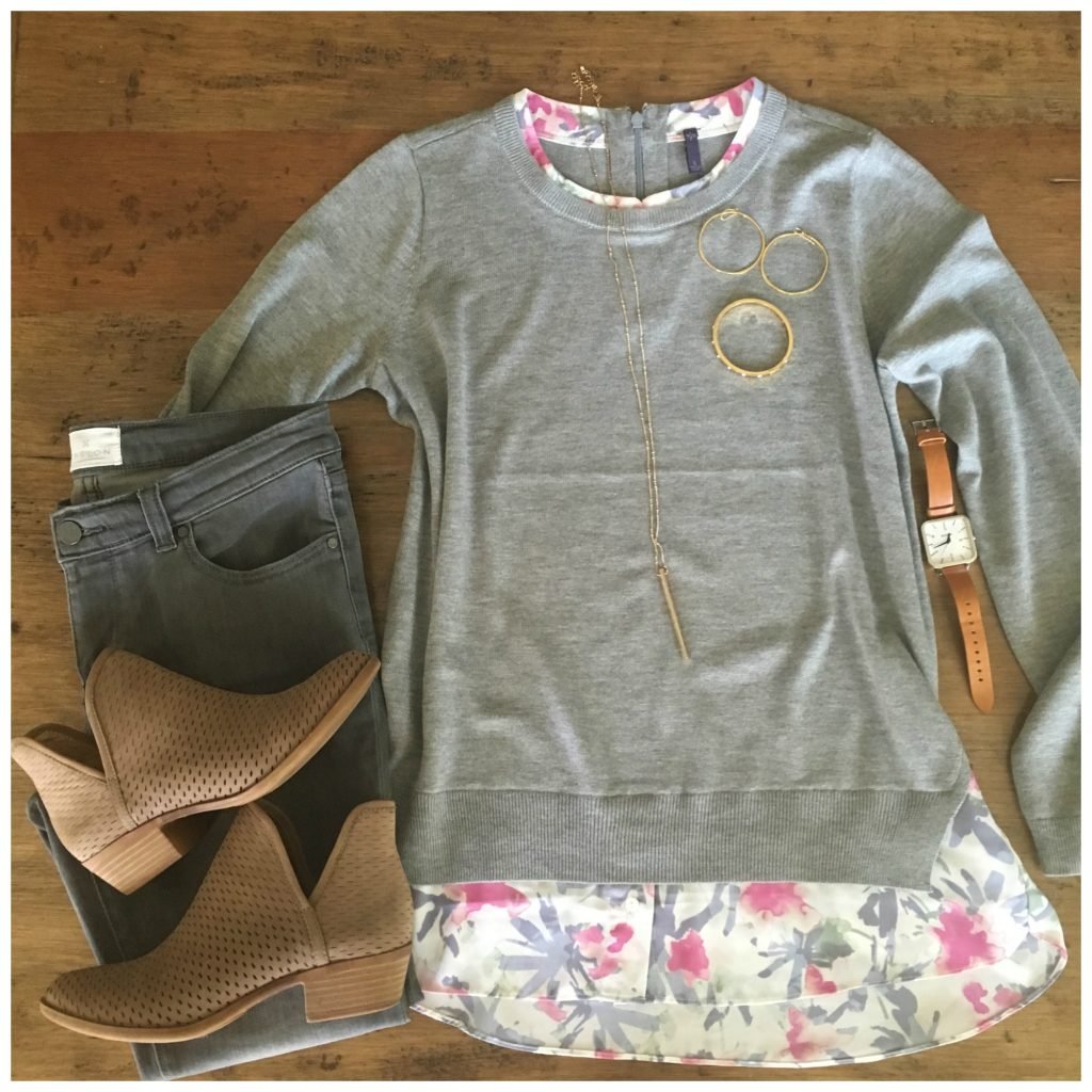 grey jeans with grey and pink sweater