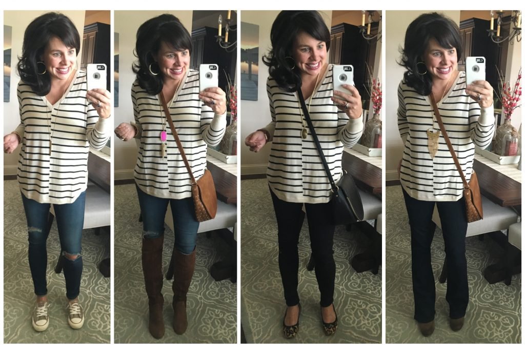 striped sweater and jeans