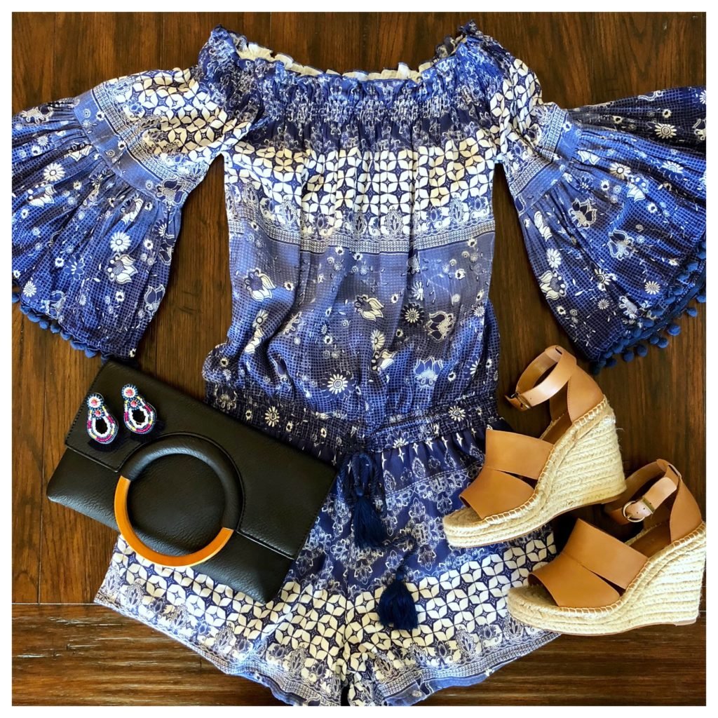blue and white romper and wedges