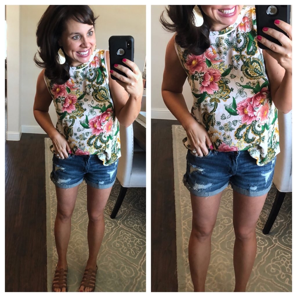 floral shell and denim shorts