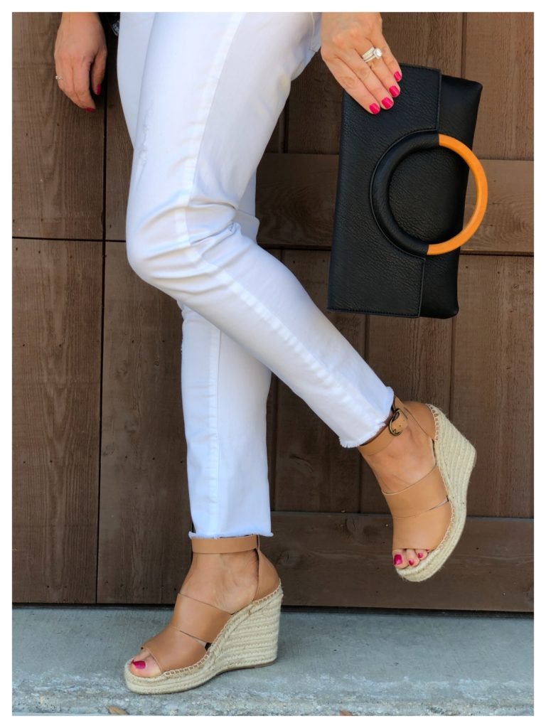 cognac wedges with white jeans
