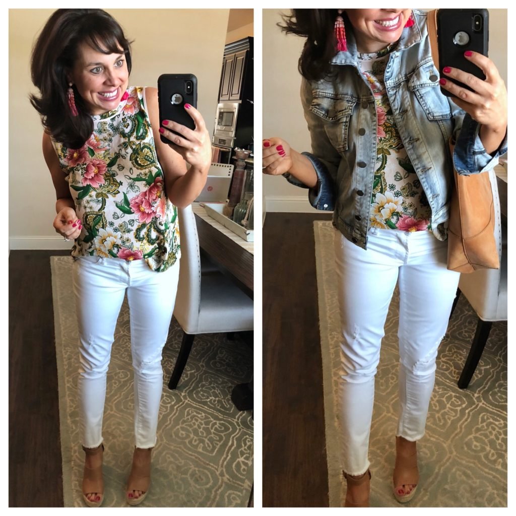 white jeans and denim jacket