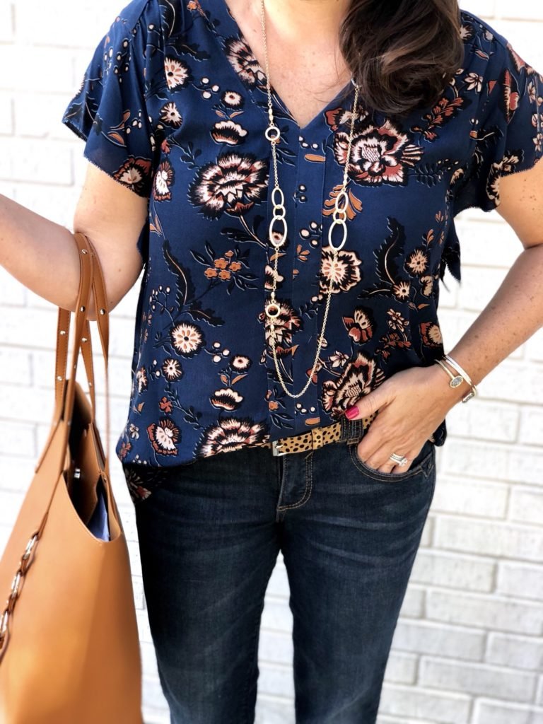 Navy Floral Shirt with Leopard Print Belt and Cognac Tote