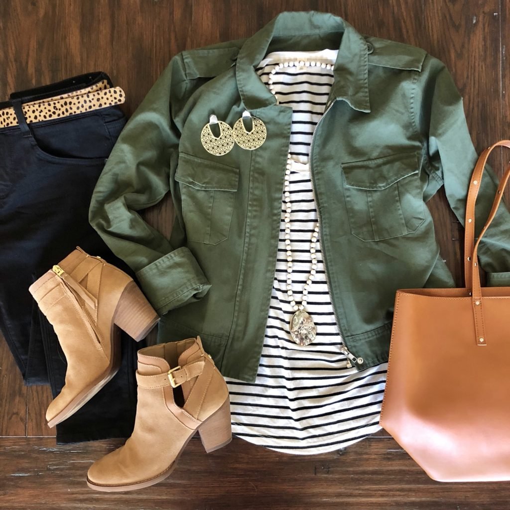 Olive Jacket, Striped Shirt, Black Pants Outfit for Fall