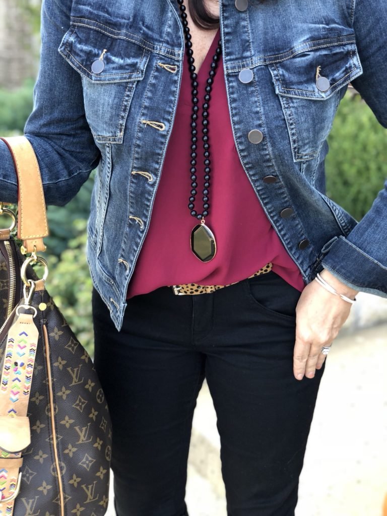 Black Wit & Wisdom Jeans with Red Tunic and Denim Jacket