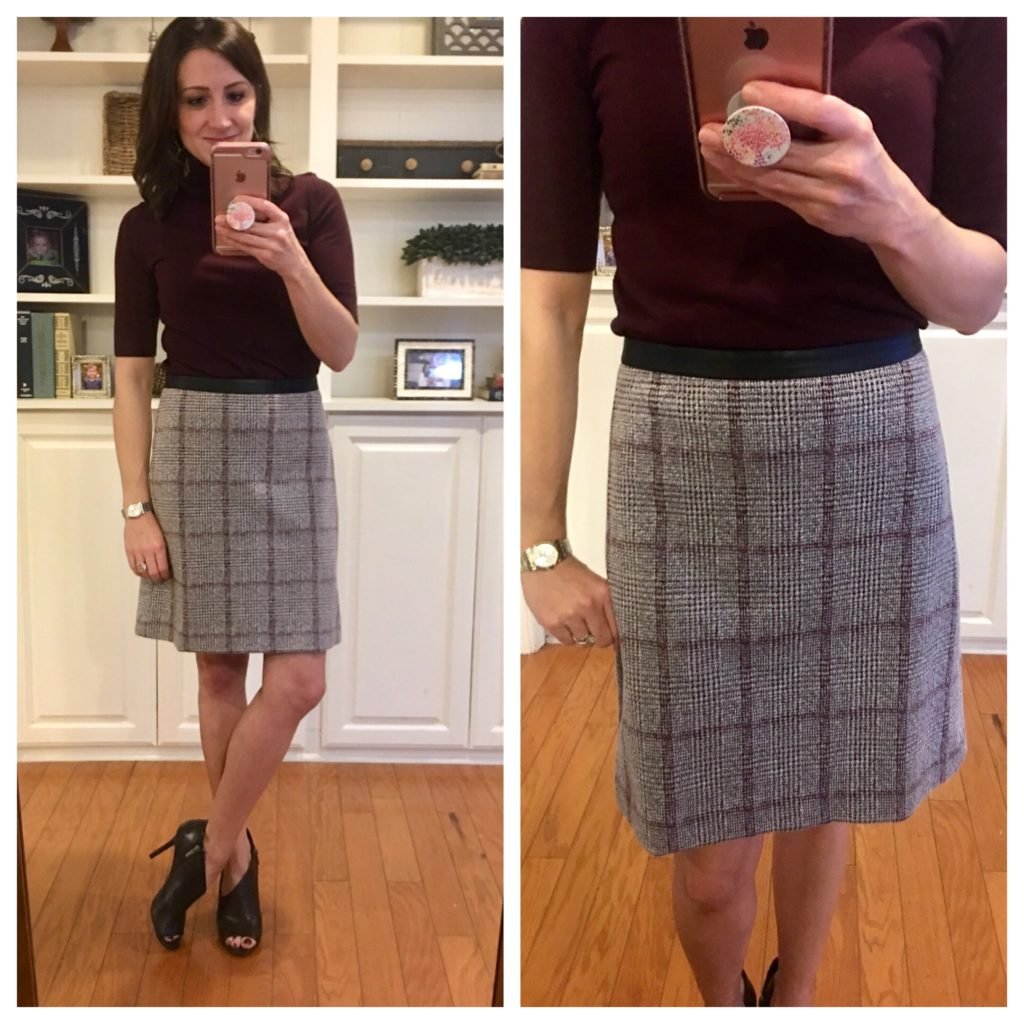 Work Outfit: Faux Leather Trim Plaid A-line Skirt and Shirred Mock Neck Blouse